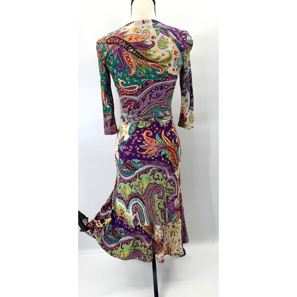 Etro Milano Boho 3/4 Sleeve Midi Wrap Dress Italy 38 Small 2 Deep V Belted Artsy - Picture 8 of 15